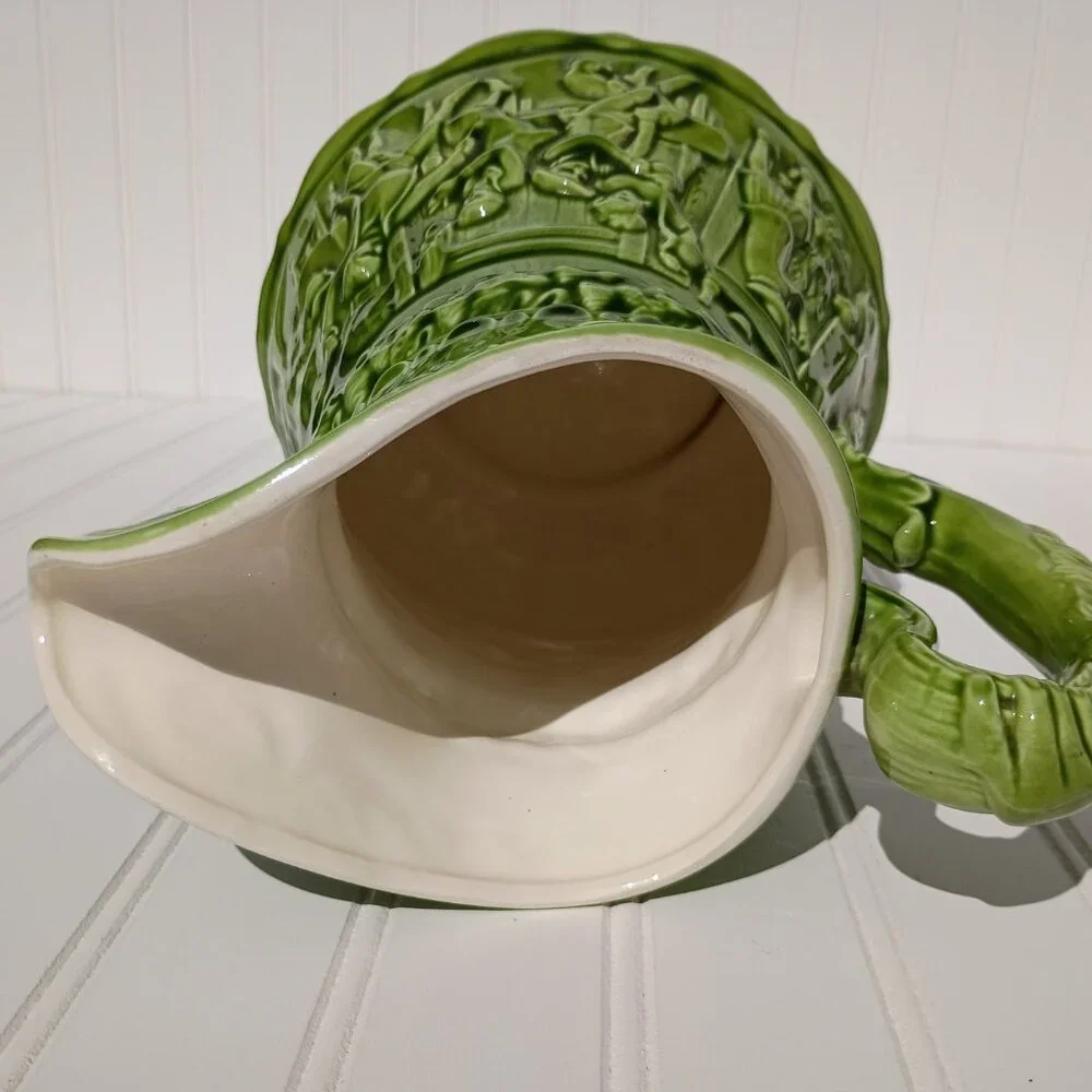 Mid-Century Green Pitcher Relief Pub Horse Scene Embossed Ceramic Signed 1971